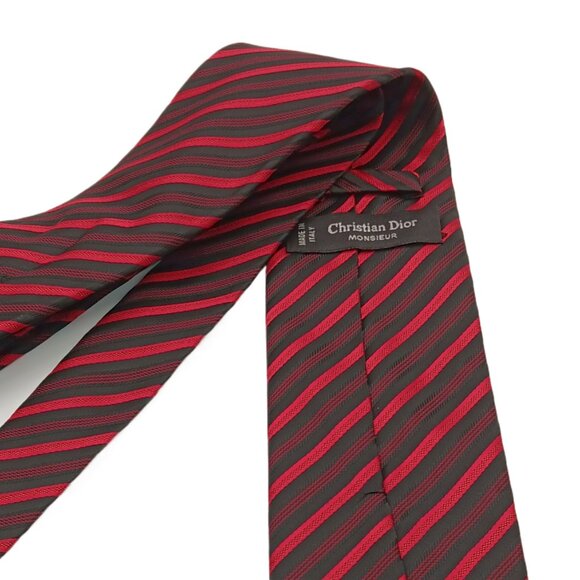 Christian Dior Monsieur Silk Repp Tie Men's 62” Black Red Stripe Vtg Classic New - Picture 3 of 4